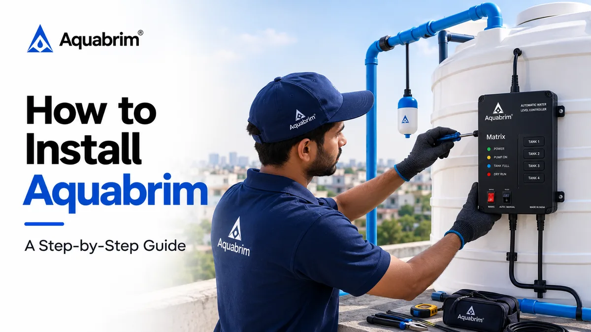 Aquabrim wireless water level controller installation — sensor in overhead tank and controller on wall near motor