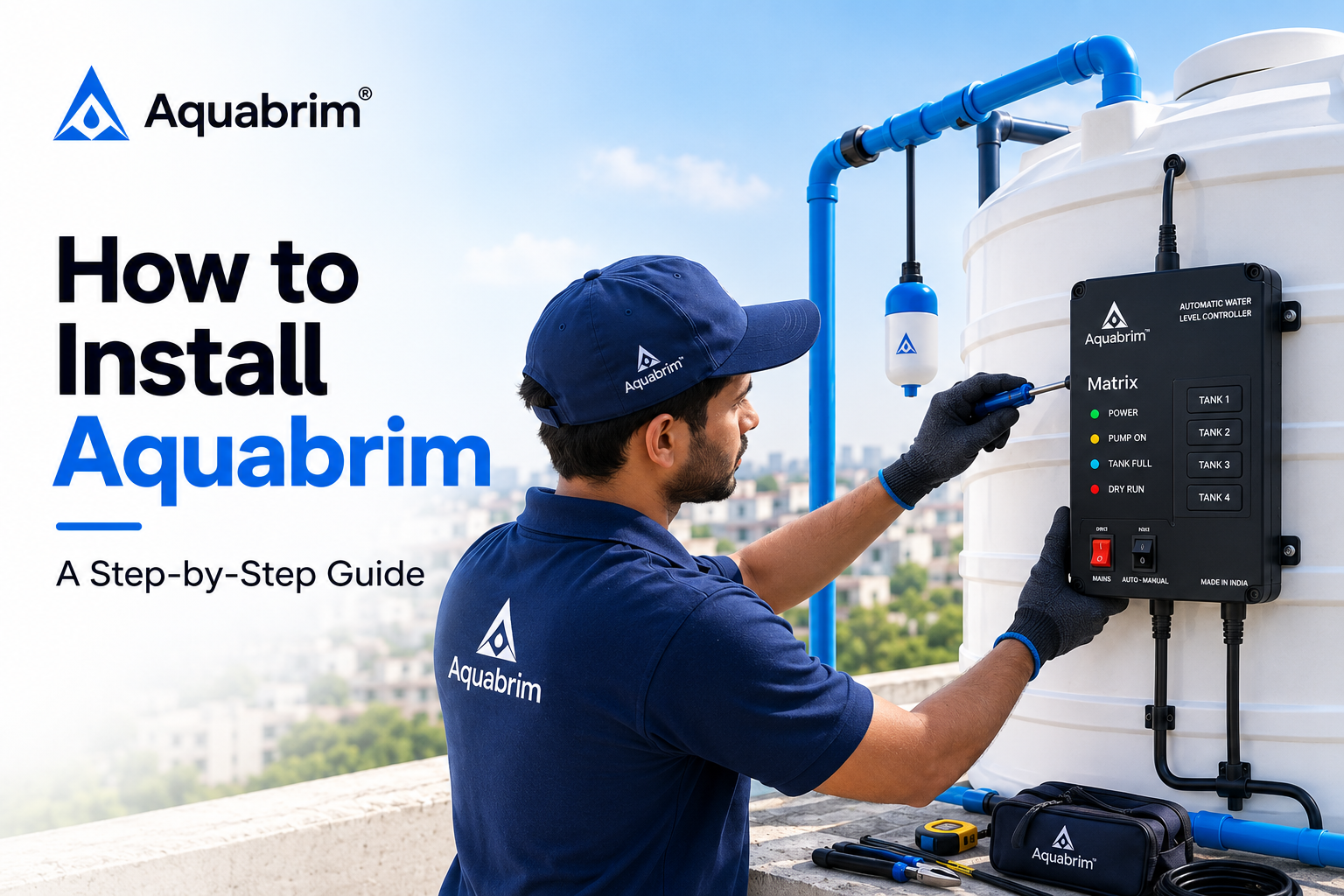Aquabrim wireless water level controller installation — sensor in overhead tank and controller on wall near motor