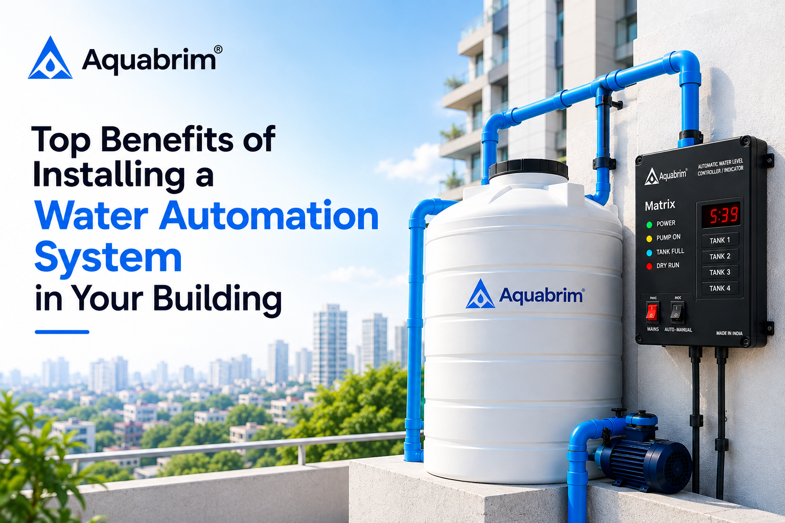 Water automation system installed in an Indian apartment building — controller, sensors and motor panel